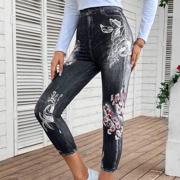 DENIM AND FLORAL PRINT LEGGINGS - Picture 2 of 4